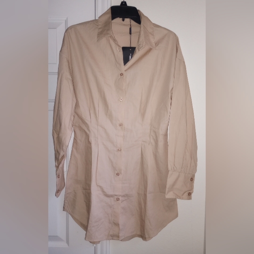 PrettyLittleThing Stone Fitted Waist Long Sleeve Shirt Dress Size US 6 UK  10